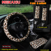 A set of six leopard print car accessories including a steering wheel cover and shoulder pads shown in a car interior.