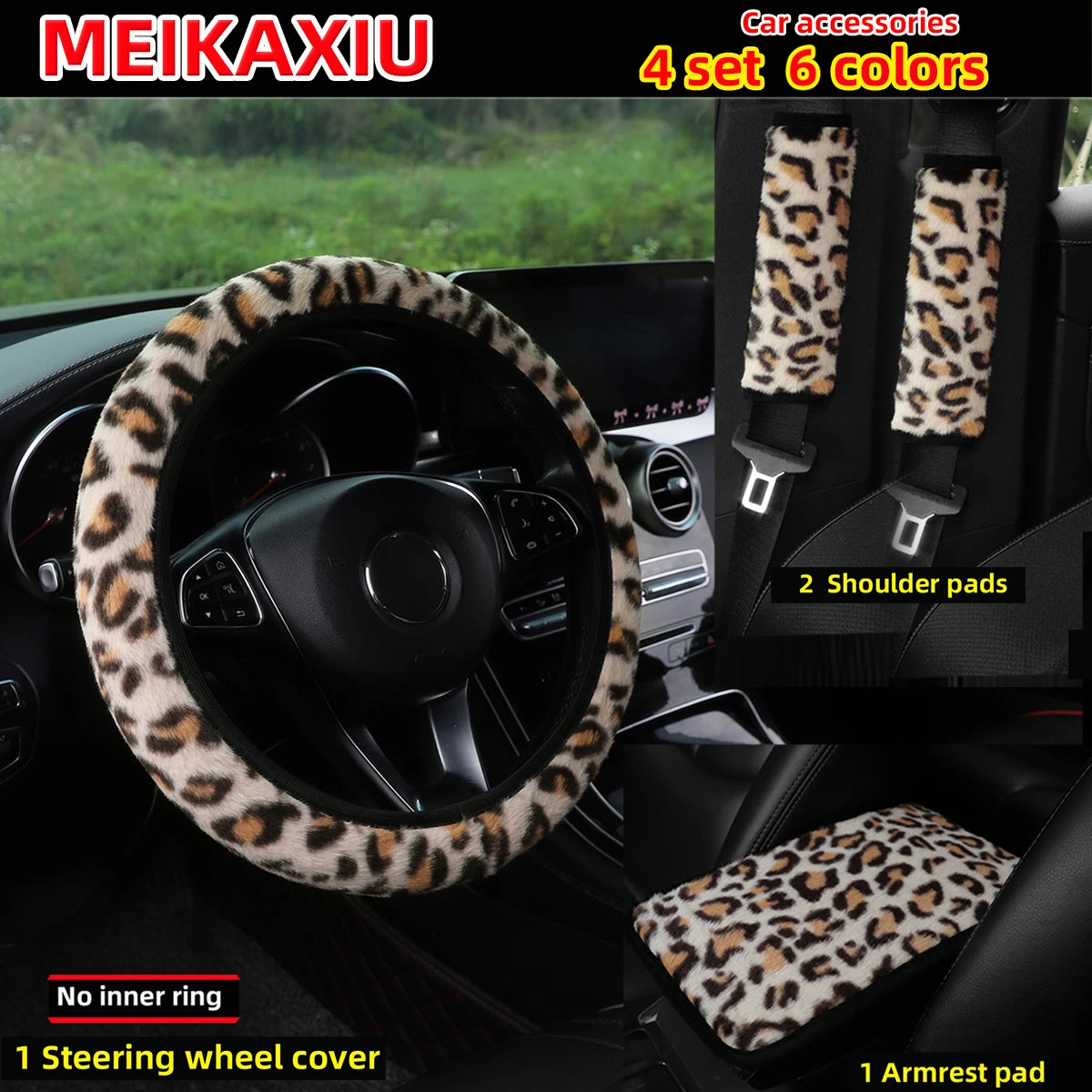 A set of six leopard print car accessories including a steering wheel cover and shoulder pads shown in a car interior.