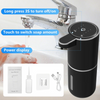 A black touchless automatic soap dispenser is shown next to a faucet, demonstrating features like long press for on/off and t