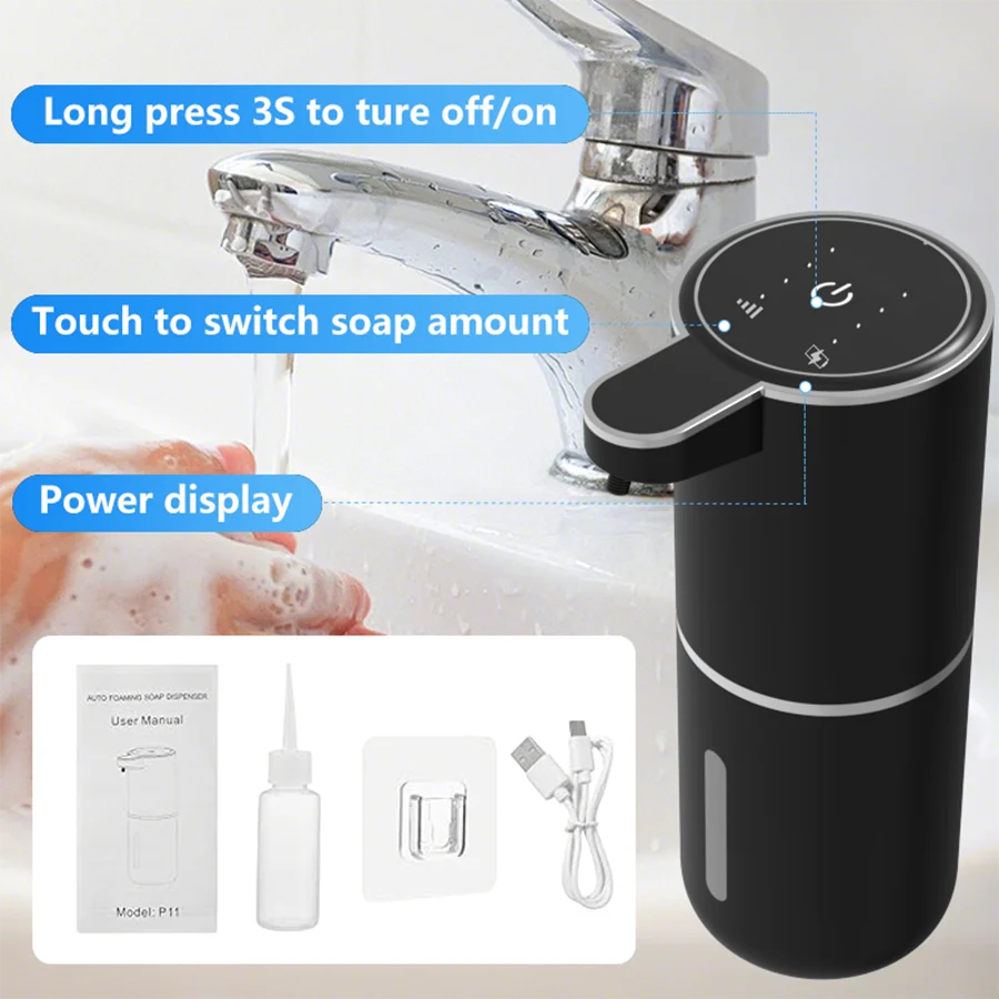 A black touchless automatic soap dispenser is shown next to a faucet, demonstrating features like long press for on/off and t