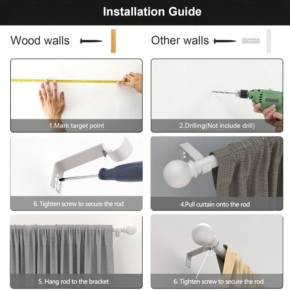 Installation guide showing steps for mounting a classic iron curtain rod with decorative ball finials onto wood or other wall