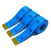 A blue flexible fiberglass tape measure coiled on a white background, showing markings up to 60 inches.
