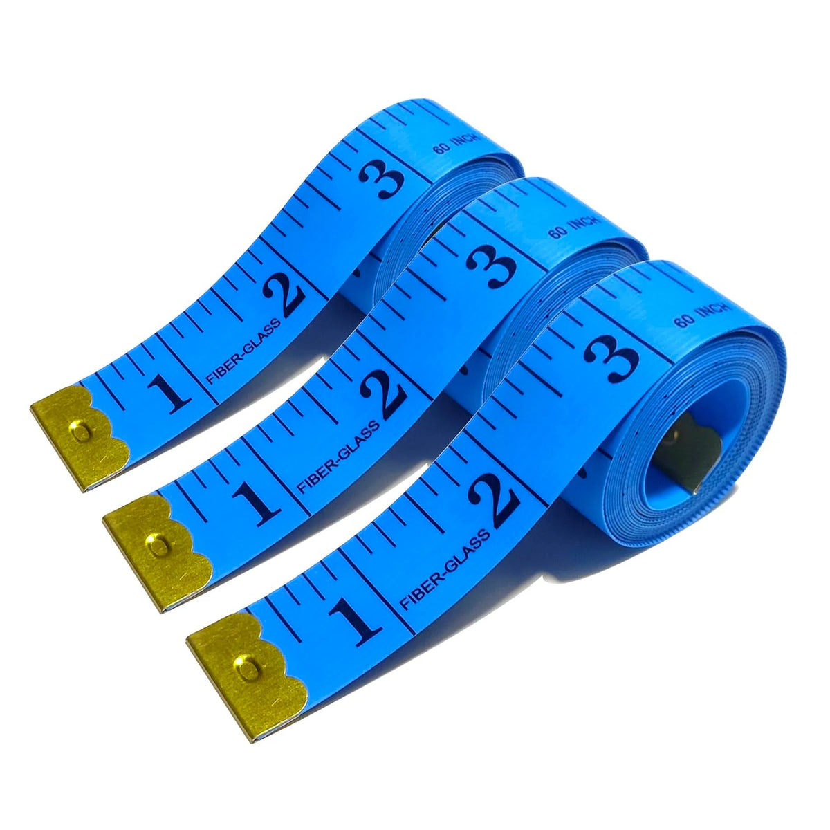 A blue flexible fiberglass tape measure coiled on a white background, showing markings up to 60 inches.