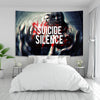 A dark gothic wall art print featuring a band portrait with the text SUICIDE SILENCE on a bedroom wall.