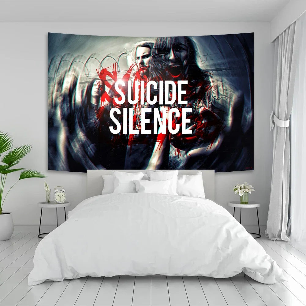 A dark gothic wall art print featuring a band portrait with the text SUICIDE SILENCE on a bedroom wall.