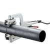 A pair of heavy-duty welding pipe clamp pliers with silver handles and jaws gripping a black metal tube.