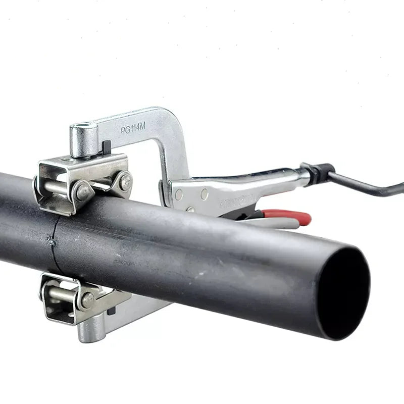 A pair of heavy-duty welding pipe clamp pliers with silver handles and jaws gripping a black metal tube.