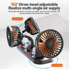 A black three-head adjustable air supply fan with orange blades mounted on a stand.
