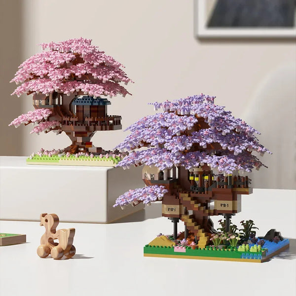 Ensemble de bâtiment détaillé d'un cerisier en fleurs avec des lumières LED, présentant des fleurs roses et violettes dans un