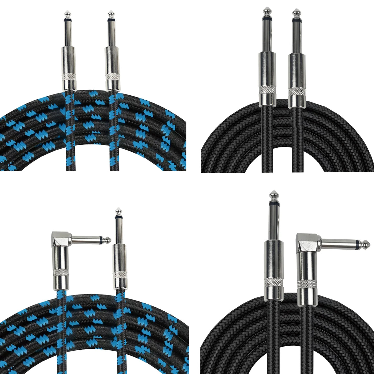 A set of black braided guitar cables with silver connectors shown in various angles.