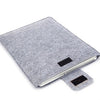 A gray felt laptop sleeve case for a 11 to 15 inch device, shown open.