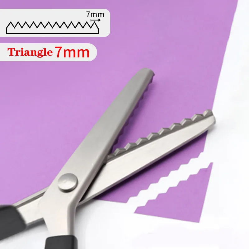 Stainless steel pinking shears with a 7mm triangle pattern shown on purple paper.