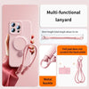 Pink iPhone case with a multi-functional lanyard and metal buckle shown on a pink background.