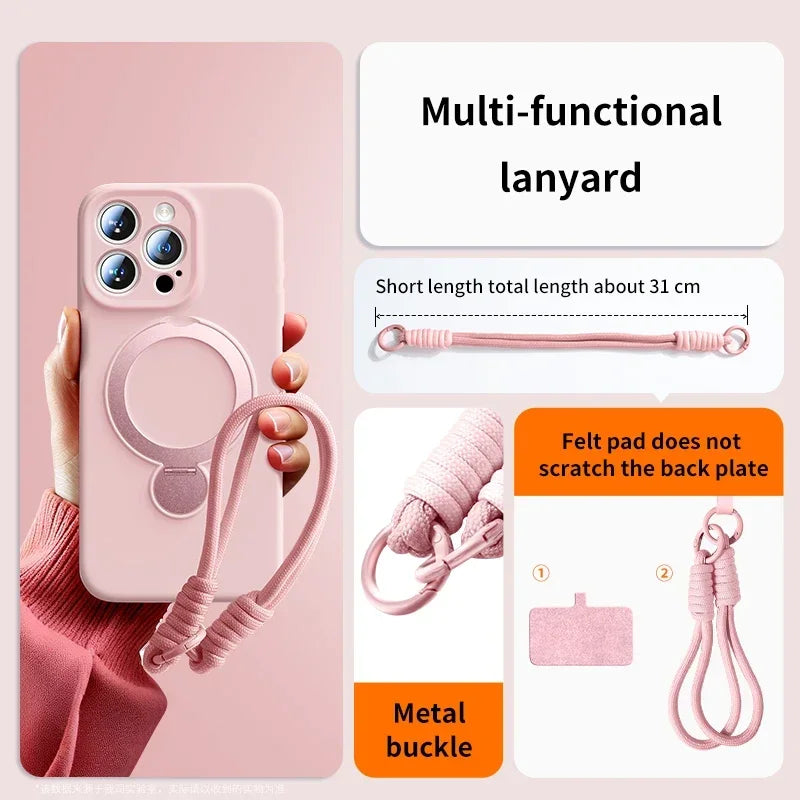 Pink iPhone case with a multi-functional lanyard and metal buckle shown on a pink background.