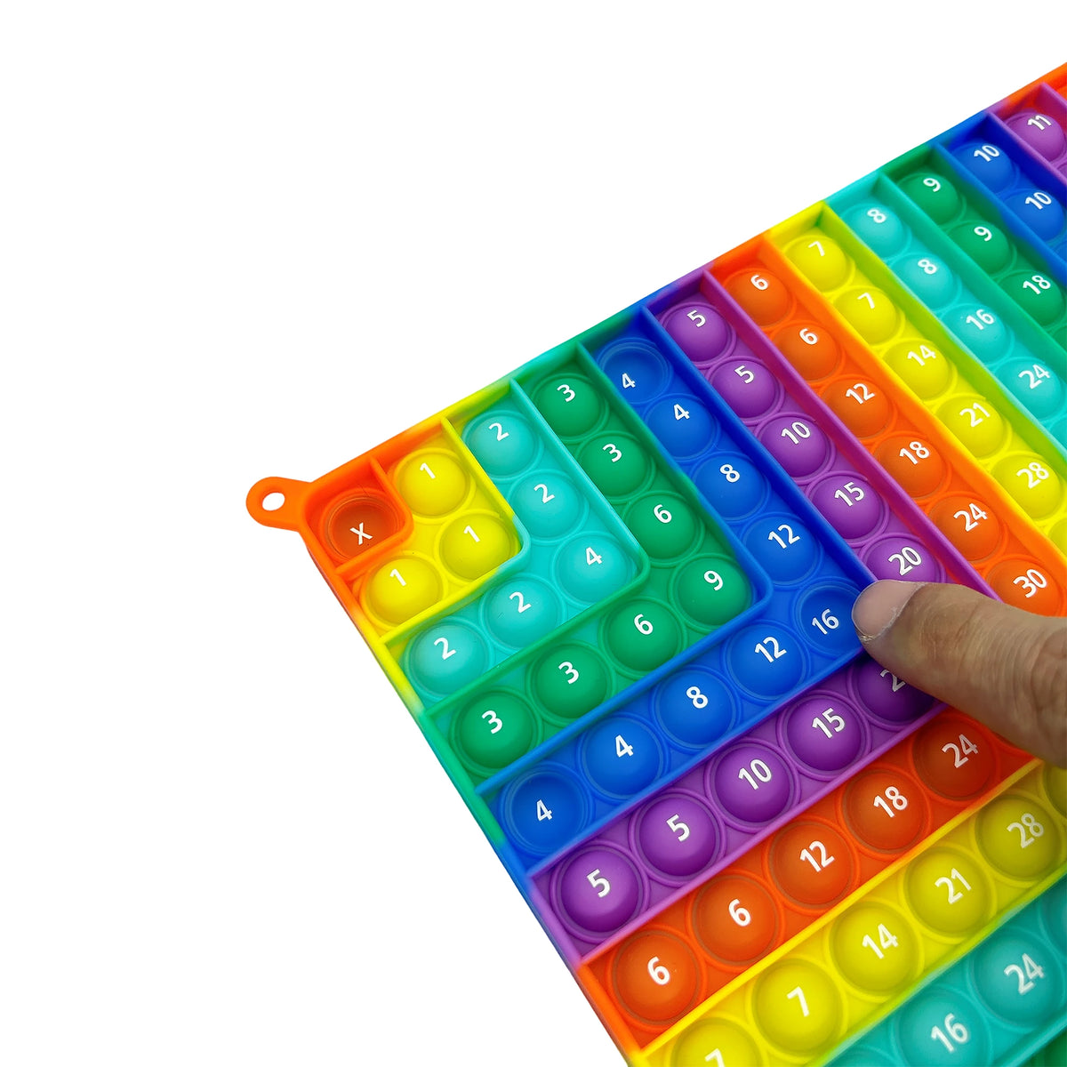 A colorful multiplication practice math game board with numbered tiles for learning times tables.