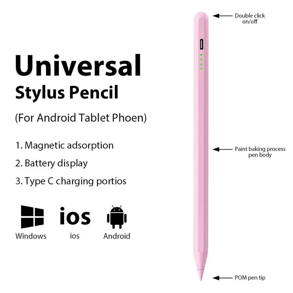 Pinker universeller Stift neben Symbolen für Android, iOS und Windows Betriebssysteme.