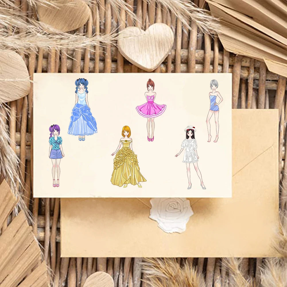A set of princess costume puzzle stickers featuring various stylized female figures in colorful dresses and outfits.