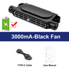 A black portable fan with a grille, shown next to its Type-C cable and user manual.