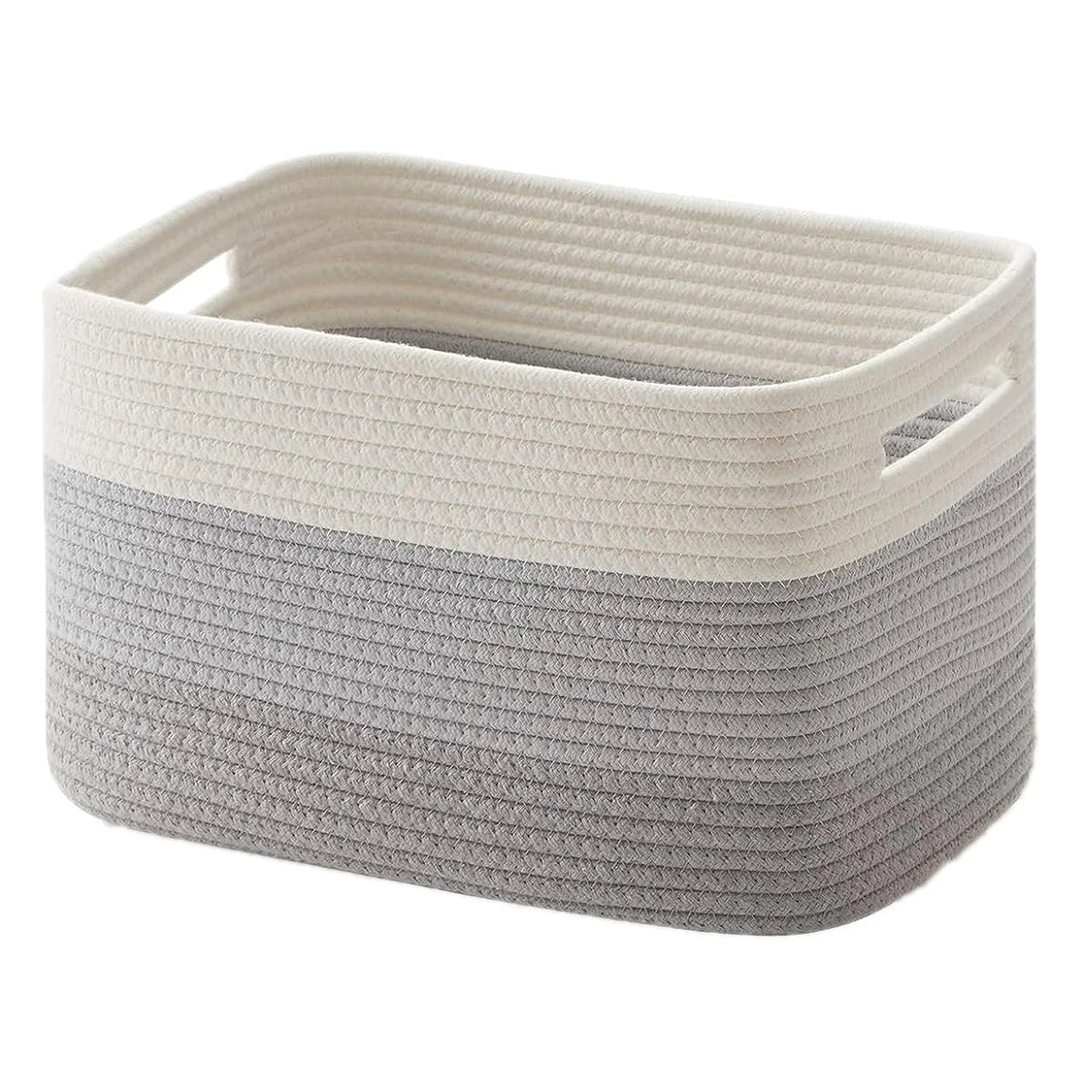 A rectangular storage basket made of woven cotton rope in light beige and gray tones.