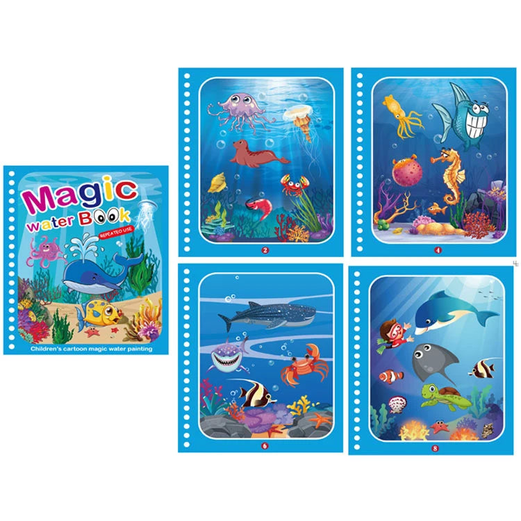 A set of five reusable magic water drawing books featuring colorful marine life and underwater scenes for children.