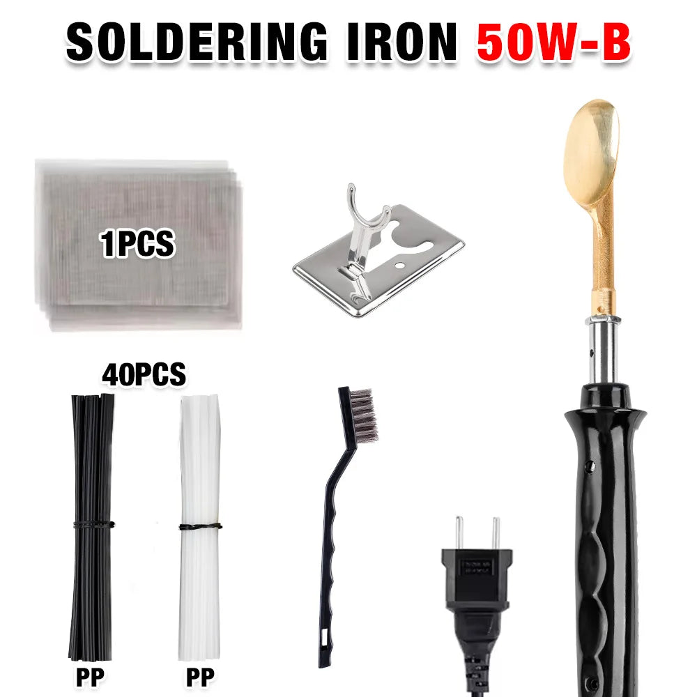 A set of soldering irons and related tools including a 50W-B soldering iron, pliers, and a hot stapler iron.