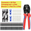 A set of crimping tools and connectors for solar panel PV cables including a wrench and various connector pairs.