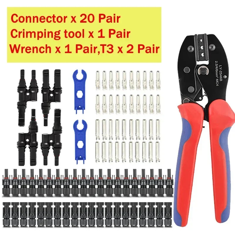 A set of crimping tools and connectors for solar panel PV cables including a wrench and various connector pairs.