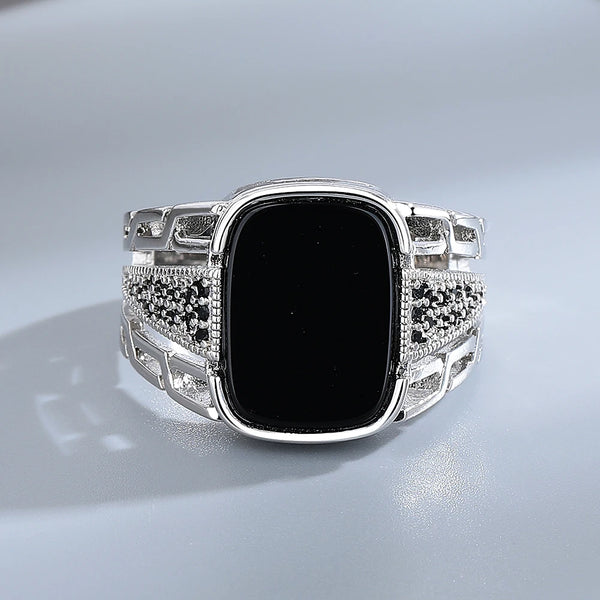 Vintage Sterling Silver Ring with Natural Black Agate Stone