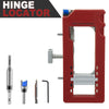 A red hinge locator tool with various components for precision door hinge installation.