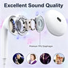 White USB-C wired in-ear headphones showing the premium TPU diaphragm and various usage scenarios.