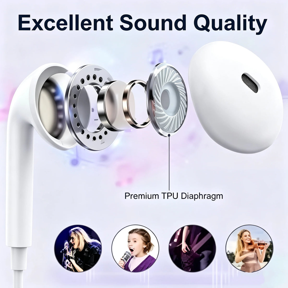 White USB-C wired in-ear headphones showing the premium TPU diaphragm and various usage scenarios.