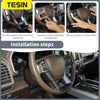 Installation steps showing the mounting and application of a carbon fiber grain trim cover for a vehicle's center console.