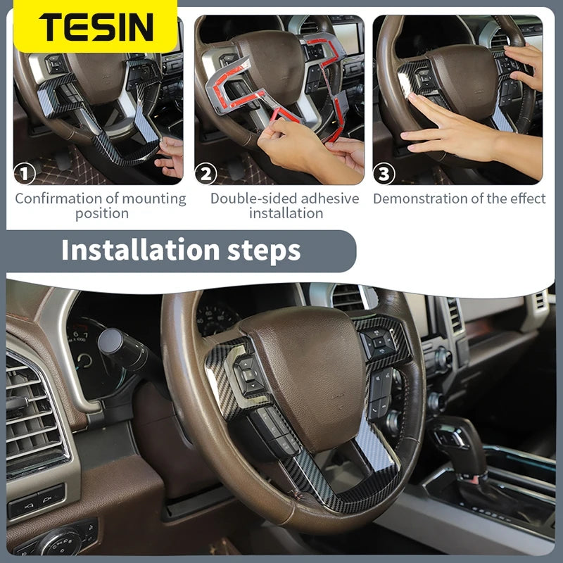 Installation steps showing the mounting and application of a carbon fiber grain trim cover for a vehicle's center console.