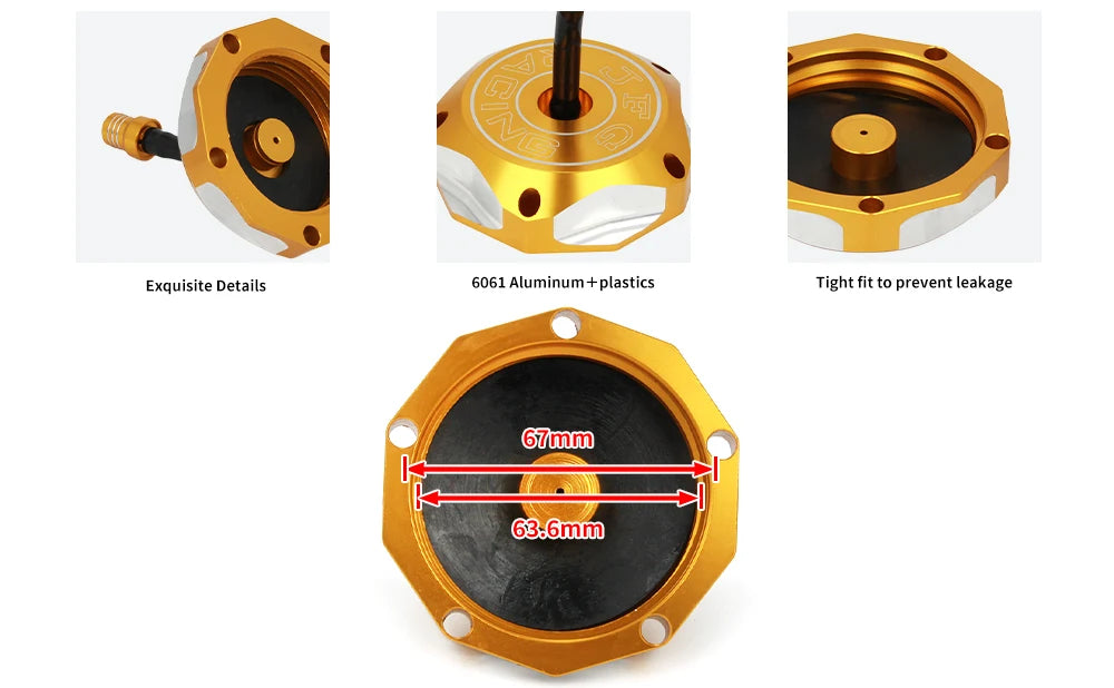 A round, gold-colored aluminum fuel tank cap with a black rubber seal and a central threaded post.
