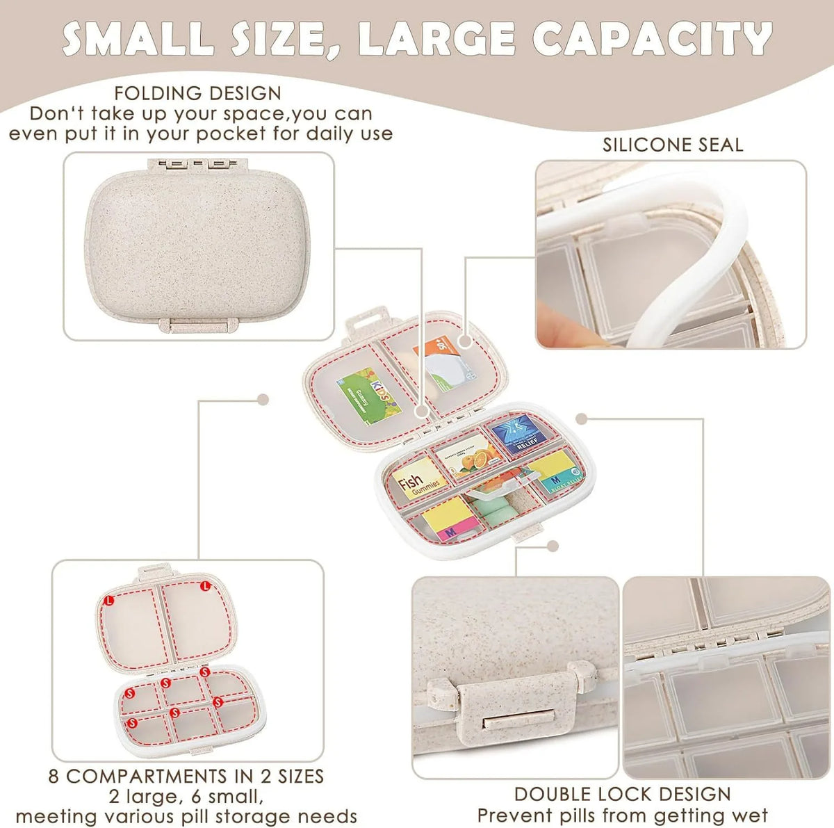 A small, folding pill organizer with 8 compartments and labels, shown in various sizes and a silicone seal.