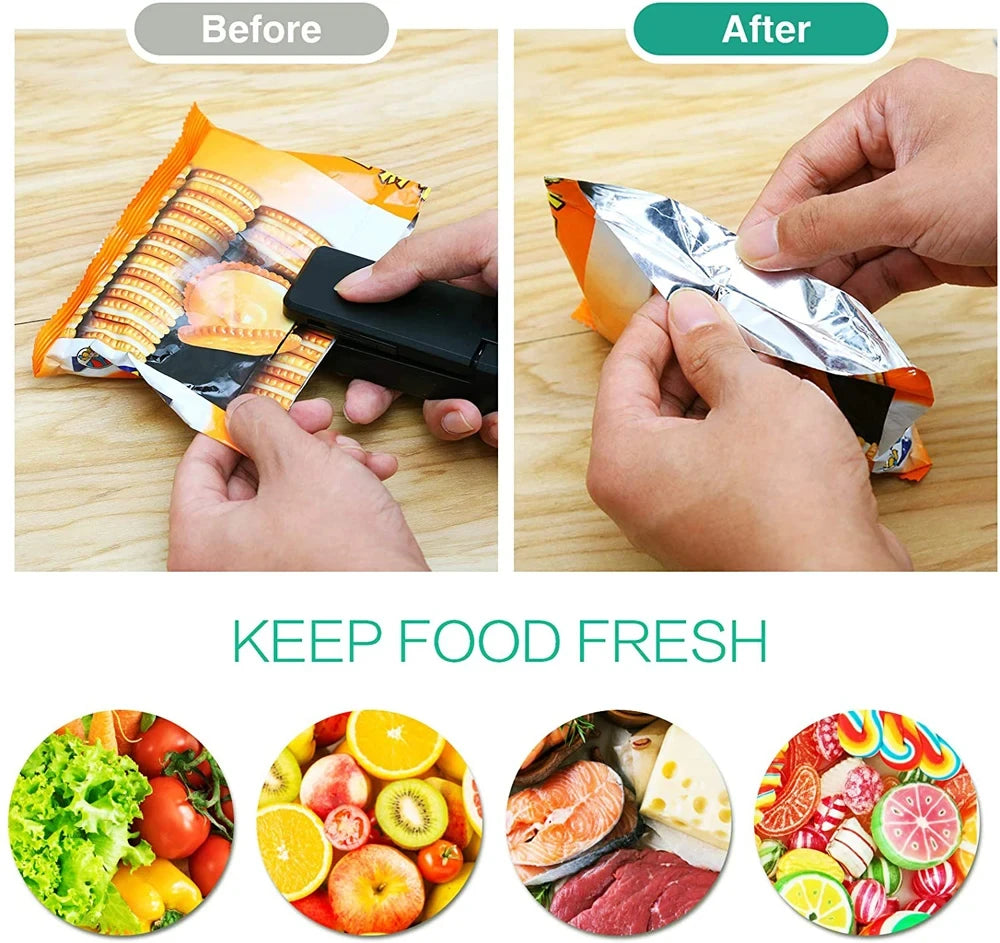 Before and after images showing a portable rechargeable bag sealer and cutter used to keep food fresh.