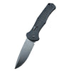 A black folding pocket knife with a D2 steel blade and an anti-slip handle.