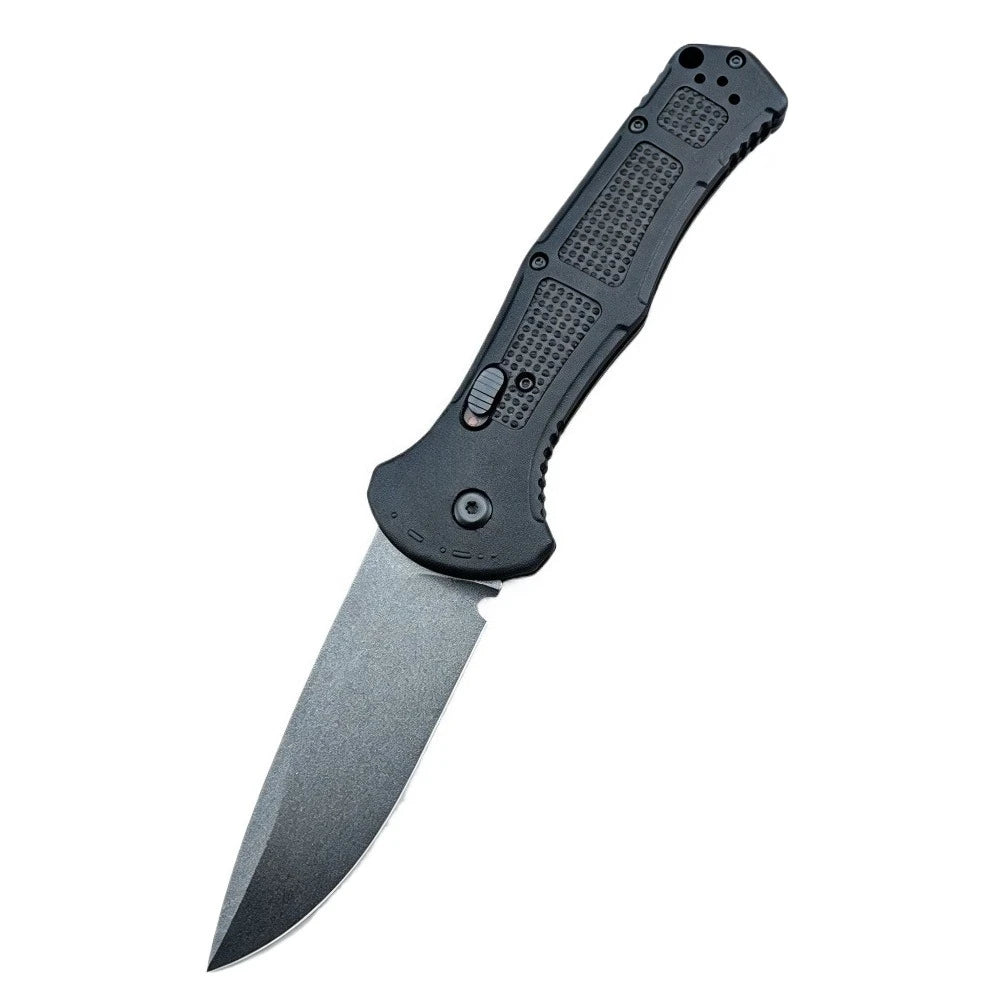 A black folding pocket knife with a D2 steel blade and an anti-slip handle.