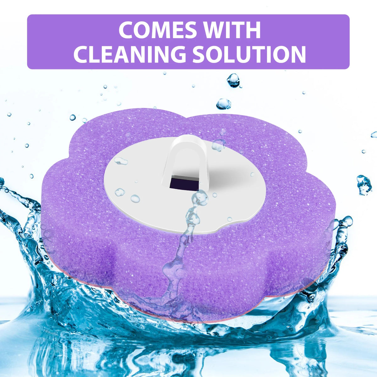 Purple disposable toilet brush kit with a wall-mounted holder and cleaning solution being used in water.