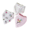 A set of three soft cotton baby bibs featuring colorful cartoon ice cream prints on white and pink fabric.