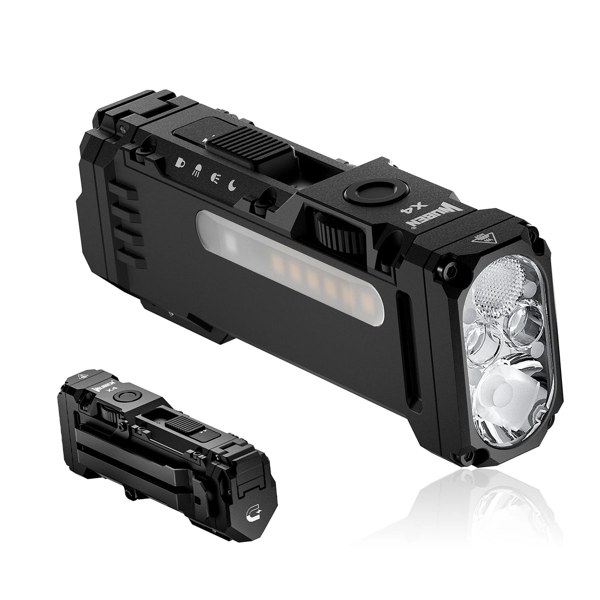 Black Wuben X4 compact EDC flashlight with an illuminated lens and a separate battery unit.