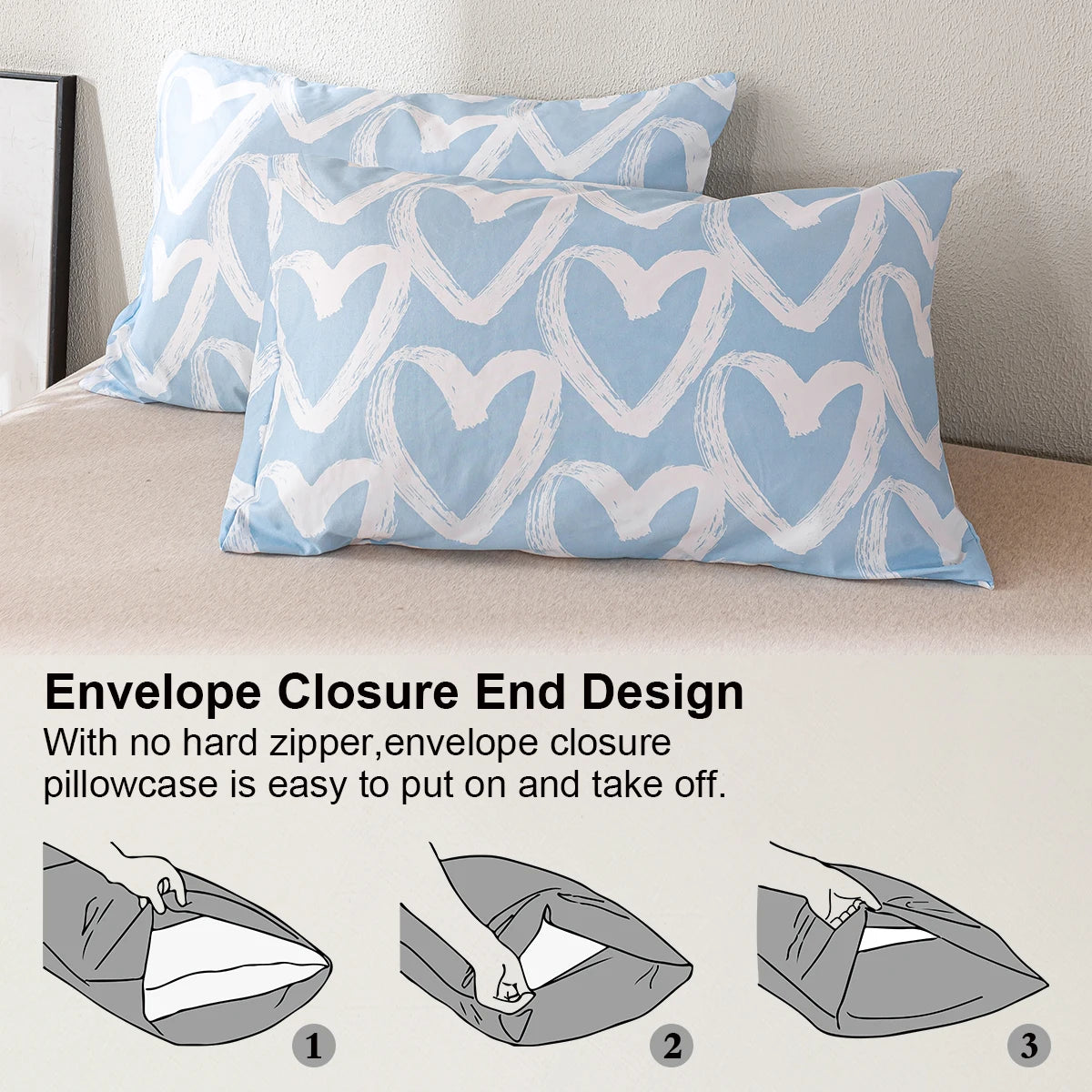Close-up view of a light blue heart print pillowcase and duvet cover set demonstrating an envelope closure design.