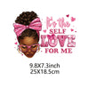 A design featuring a woman with curly hair wearing a pink bow and glasses, with the text It's the Self Love for Me