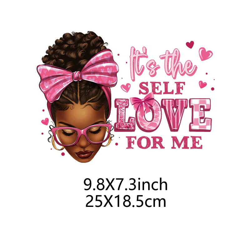 A design featuring a woman with curly hair wearing a pink bow and glasses, with the text It's the Self Love for Me