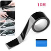 A roll of 10 meter high-gloss black vinyl wrap strip for cars and DIY projects, shown with application examples.