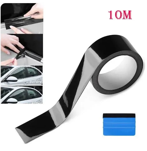 A roll of 10 meter high-gloss black vinyl wrap strip for cars and DIY projects, shown with application examples.