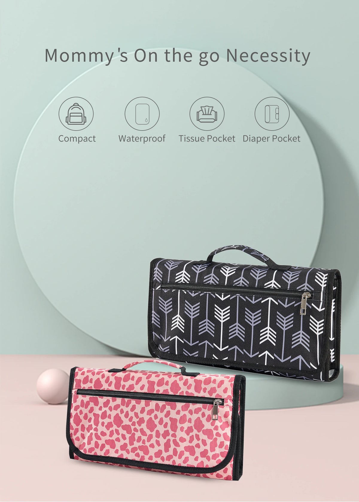A black patterned foldable waterproof baby changing pad is shown next to a pink floral patterned version.