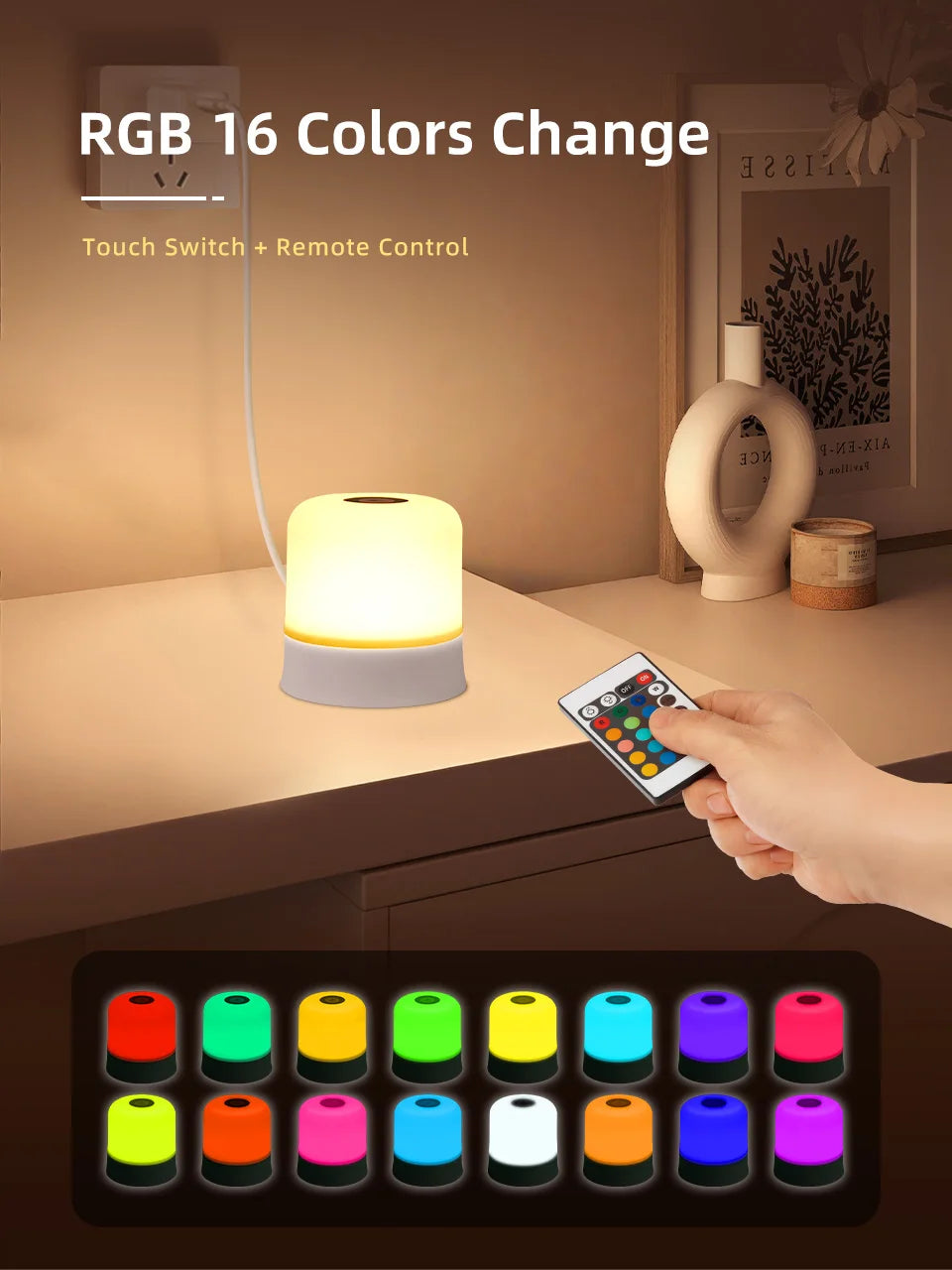 A hand is operating a touch switch and remote control to change the color of an RGB night light.
