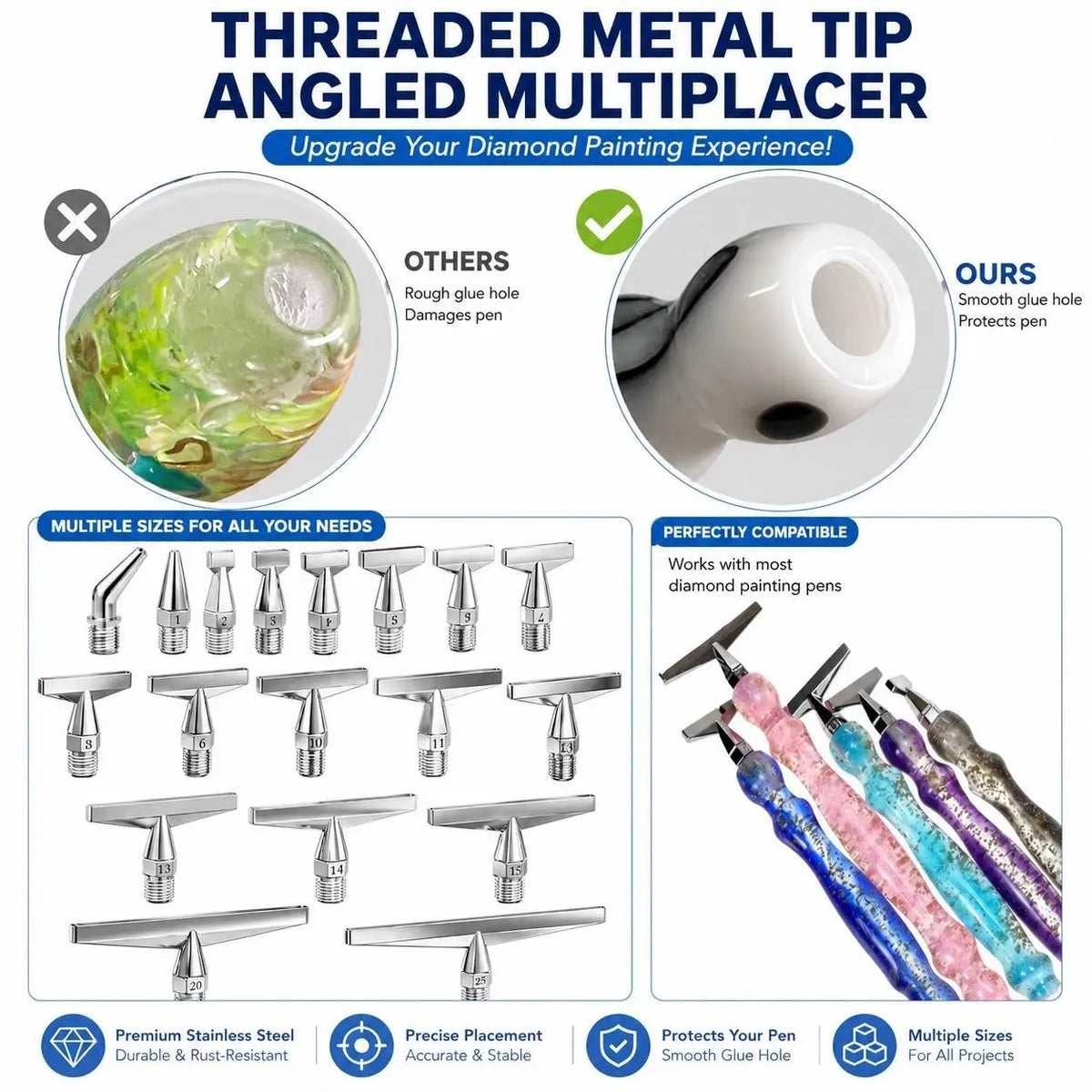 Threaded metal tip angled multiplacer for diamond painting, featuring multiple sizes and stainless steel handles.