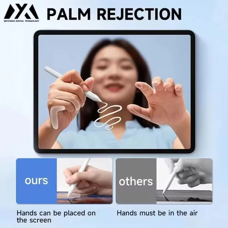 Demonstration showing hands placing and moving a stylus pen on a screen for palm rejection testing.